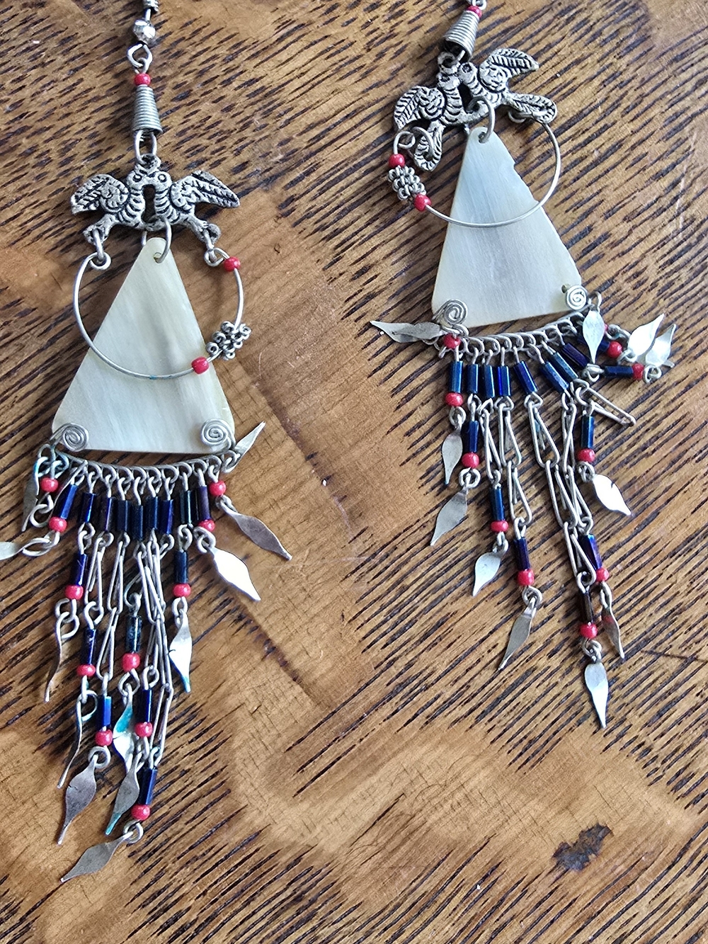 Artisan Dangle Earrings with Blue and Red Accents